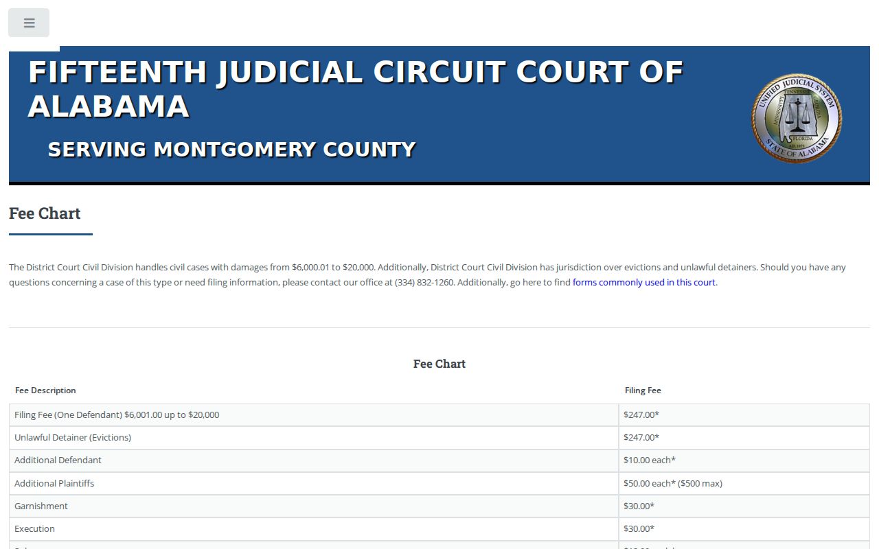 Montgomery County civil docket District Civil fee chart