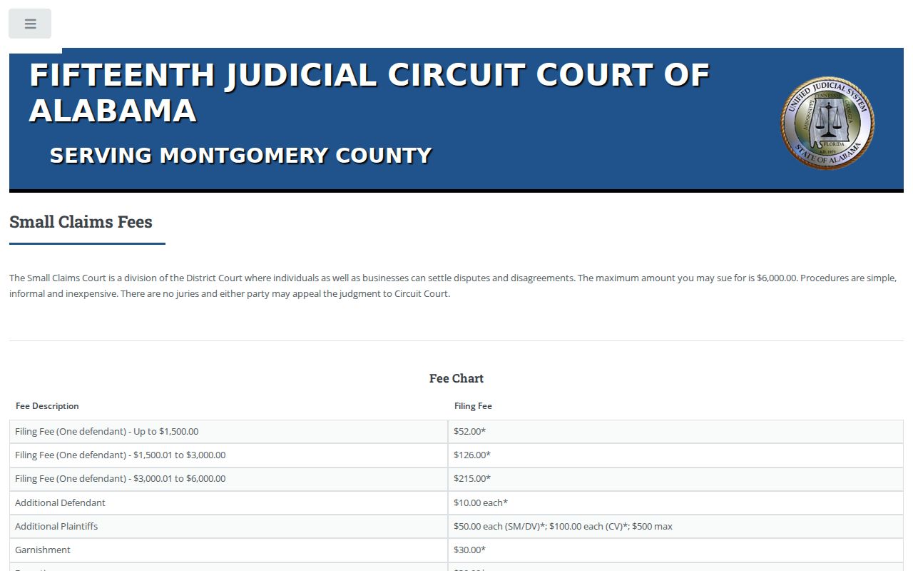Montgomery County civil docket Small Claims fee schedule