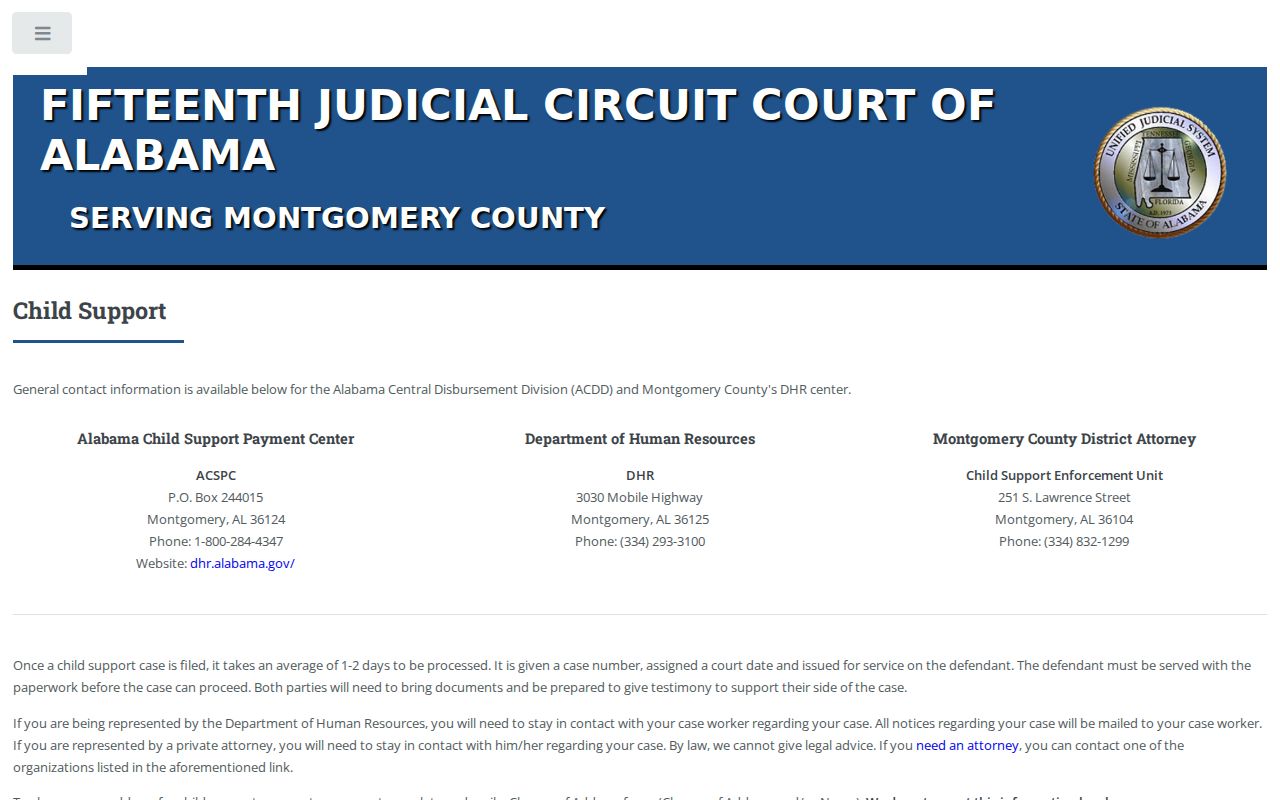 Montgomery County court calendar Child Support division information