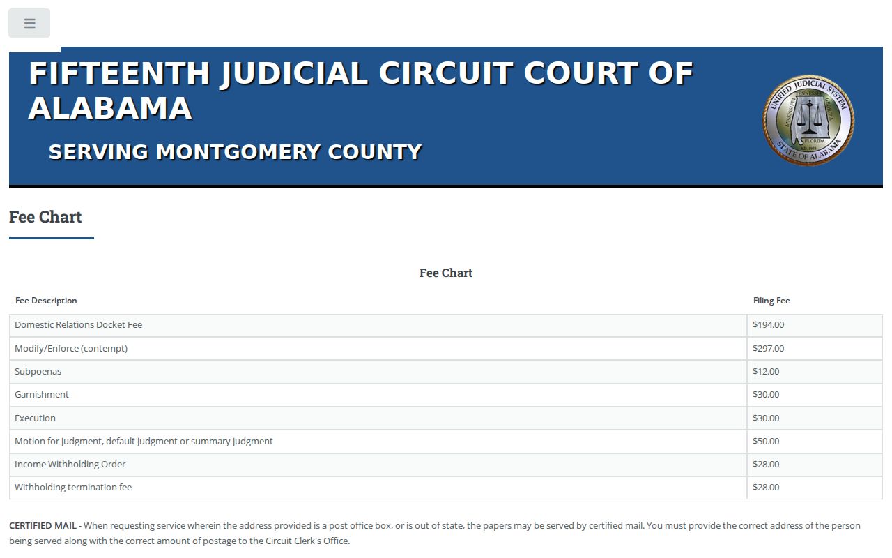 Montgomery County court dates Domestic Relations division fee chart