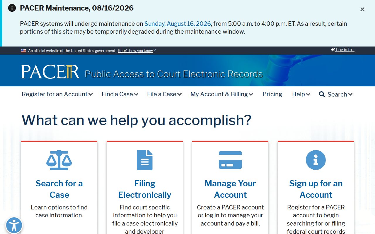 PACER federal court case and docket record access page