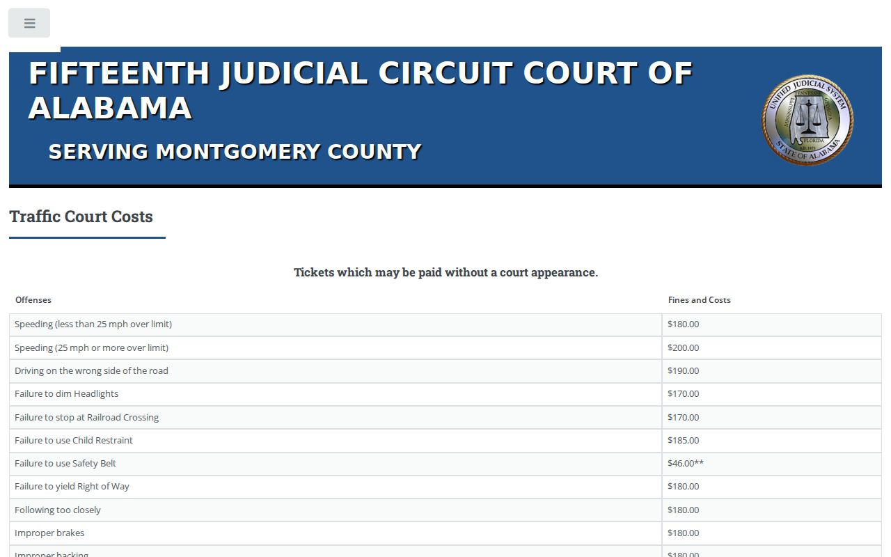 Official Montgomery County District Court traffic cost schedule